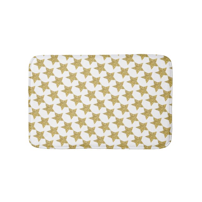Gold Glitter Stars White Bath Mat (Front)