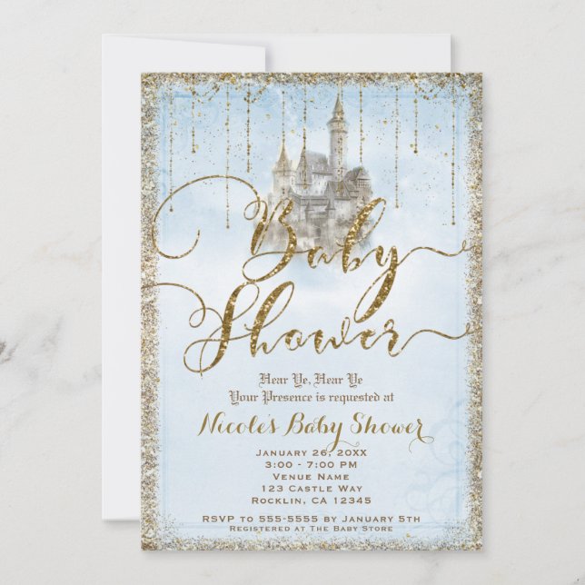 Gold Glitter Storybook Castle Blue Baby Shower  Invitation (Front)