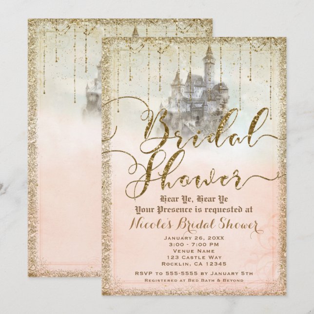 Gold Glitter Storybook Castle Bridal Shower Invitation (Front/Back)