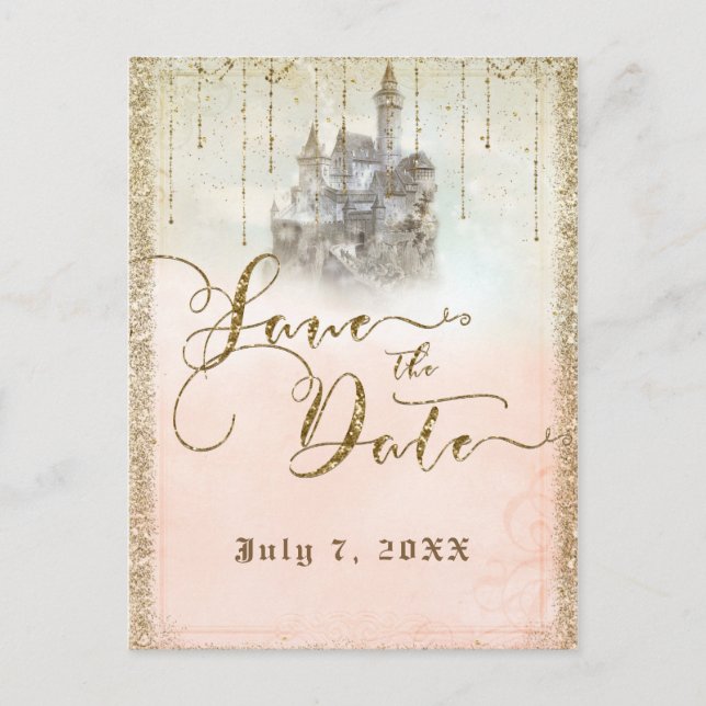 Gold Glitter Storybook Castle Save the Date Announcement Postcard (Front)
