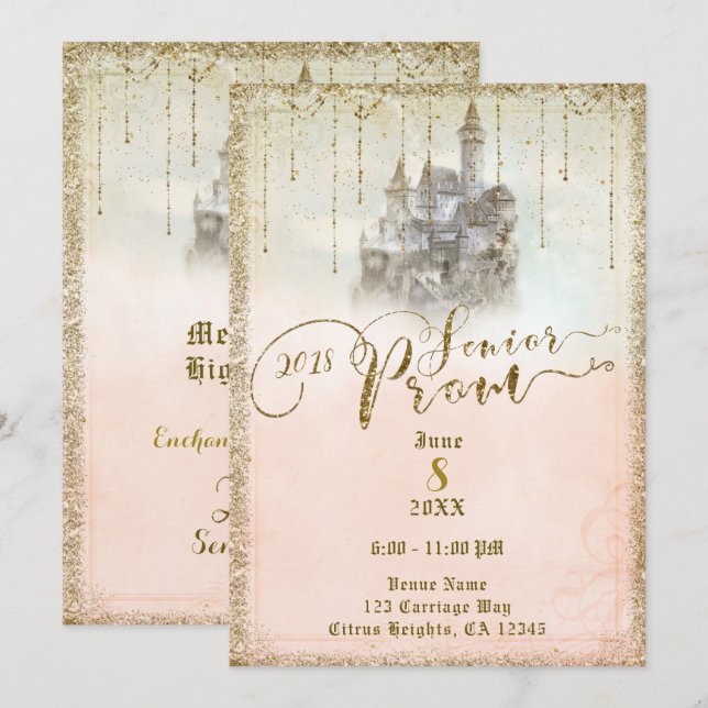 Gold Glitter Storybook Castle Senior Prom 2018 Invitation (Front/Back)