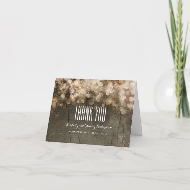 Gold Glitter String Lights Rustic Wood Thank You (Front)