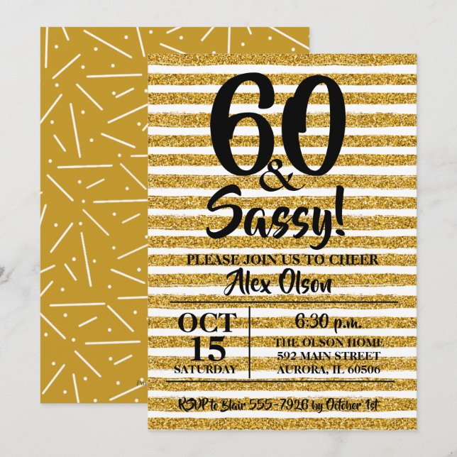 Gold Glitter Stripe60th Birthday Party Invitations (Front/Back)