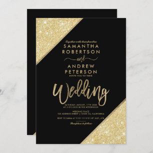 Gold glitter stripe typography chic black wedding invitation