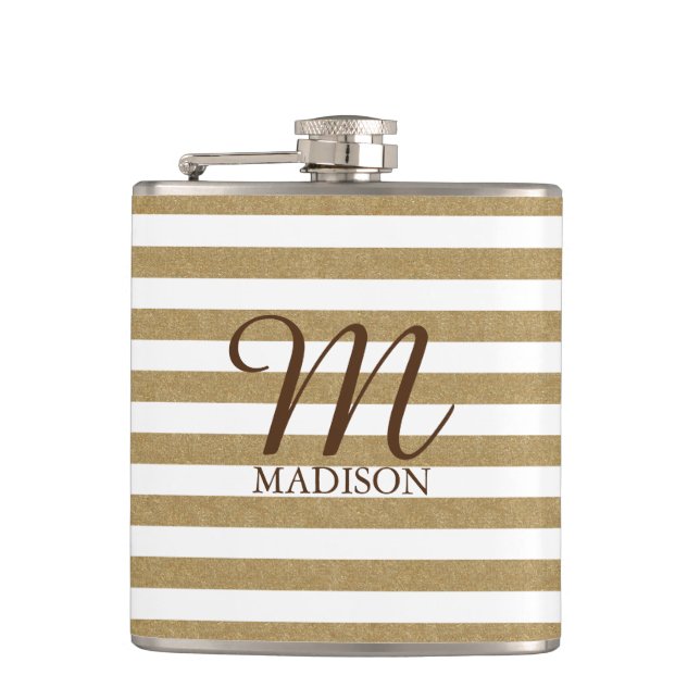 Gold Glitter Striped Flask With Monogram (Front)