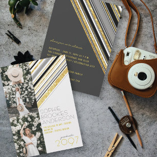 Gold Glitter Stripes 3 Photo Chic Graduation Party Invitation