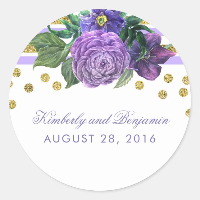 Gold Glitter Stripes and Purple Flowers Modern Classic Round Sticker (Front)