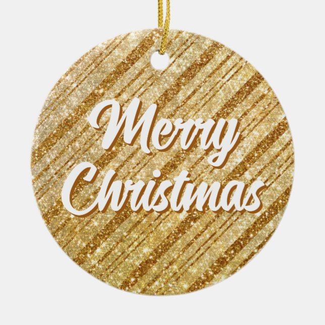 Gold Glitter Stripes Merry Christmas Couple Photo Ceramic Ornament (Front)
