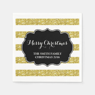 Gold Glitter Stripes Merry Christmas Napkin