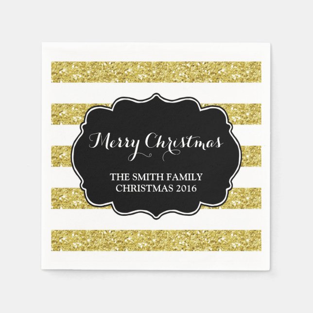 Gold Glitter Stripes Merry Christmas Napkin (Front)