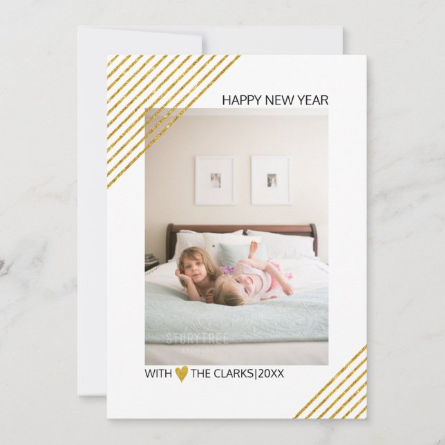 Gold glitter stripes New Year trendy photo Holiday Card (Front)