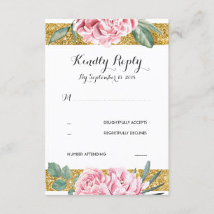 Gold Glitter Stripes Pink Floral Wedding RSVP Card