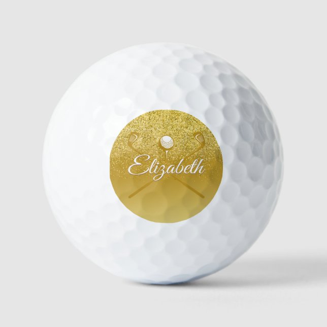Gold Glitter Stylish Script Name Golf Balls (Front)