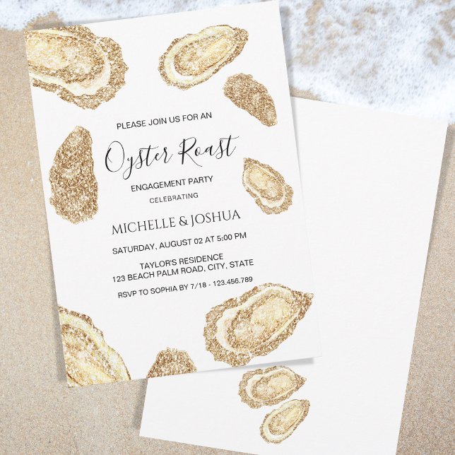gold glitter summer oyster roast pastel coastal invitation (gold glitter oysters)