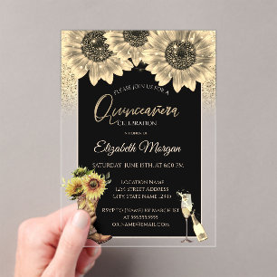 Gold Glitter Sunflowers,  Rose Gold Quinceanera Acrylic Invitations