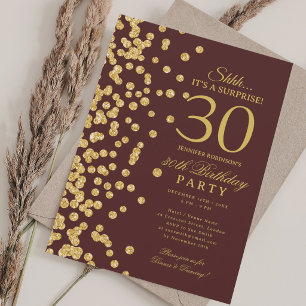 Gold Glitter Surprise 30th Birthday Burgundy Invitation