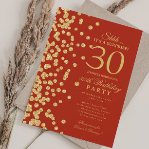  Gold Glitter Surprise 30th Birthday Red  Invitation