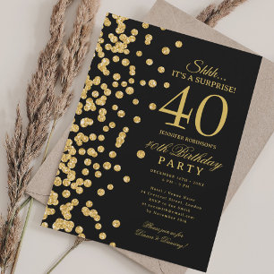 Gold Glitter Surprise 40th Birthday Black Invitation