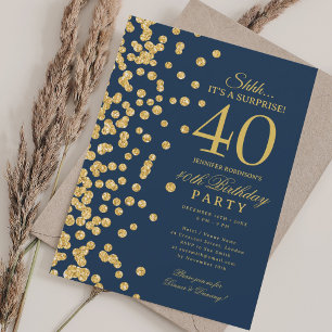 Gold Glitter Surprise 40th Birthday Navy Blue Invitation