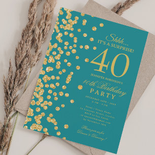Gold Glitter Surprise 40th Birthday Turquoise Invitation