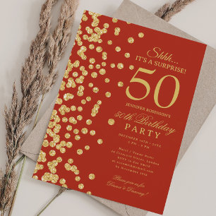 Gold Glitter Surprise 50th Birthday Party Red  Invitation