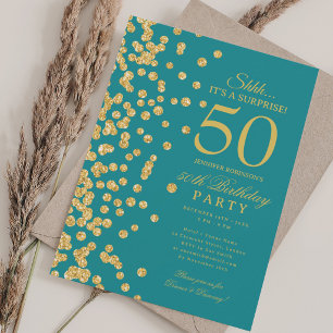 Gold Glitter Surprise 50th Birthday Party Teal  Invitation