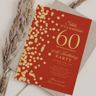 Gold Glitter Surprise 60th Birthday Party Red  Invitation