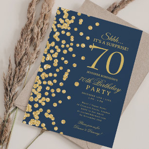 Gold Glitter Surprise 70th Birthday Navy Blue Invitation