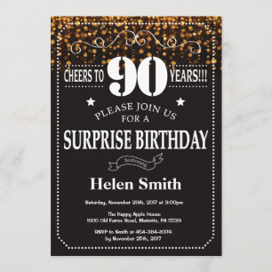 Gold Glitter Surprise 90th Birthday Invitation