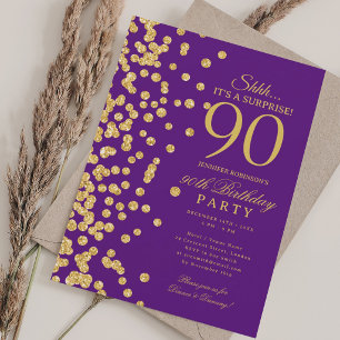 Gold Glitter Surprise 90th Birthday Purple Invitation