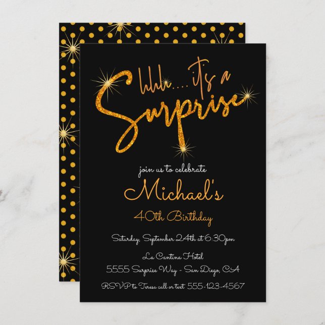 Gold Glitter Surprise Birthday Party Invitation (Front/Back)