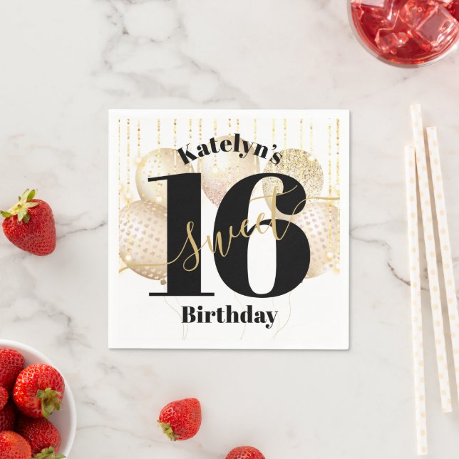 Gold Glitter Sweet 16 Birthday Balloons White Bold Napkin (Insitu)