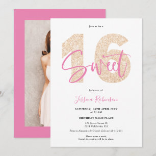 Gold glitter Sweet 16 girly script photo birthday Invitation