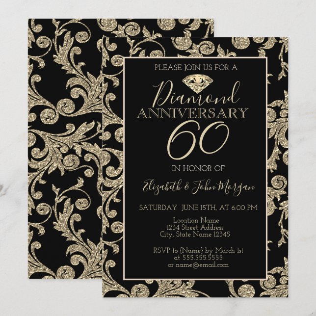 Gold Glitter Swirls Diamond Wedding Anniversary Invitation (Front/Back)