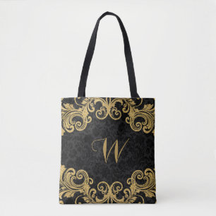 Gold Glitter Swirls Frame On Black Damasks Tote Bag