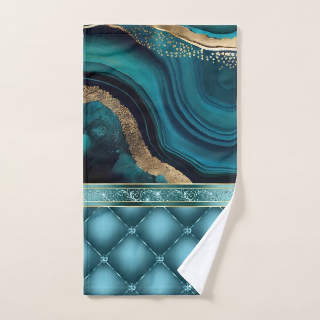 Gold Glitter Teal Agate Marble Diamonds  Bath Towel Set (Hand Towel)