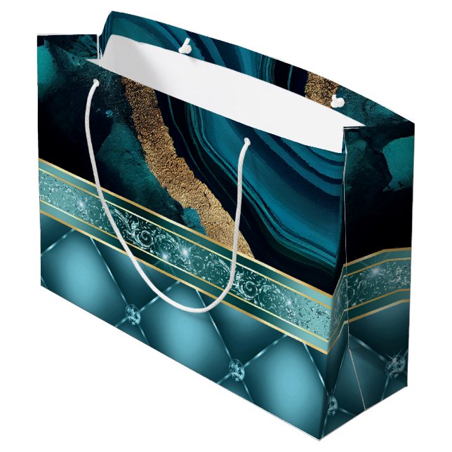 Gold Glitter Teal Agate Marble Diamonds  Large Gift Bag (Back Angled)