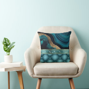 Gold Glitter Teal Agate Marble Diamonds  Throw Pillow