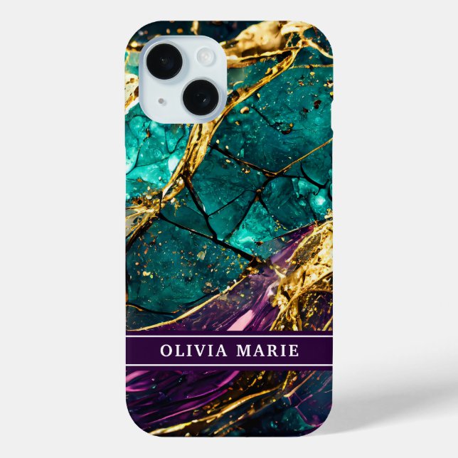 Gold Glitter Teal and Purple Gemstone Custom Name Case-Mate iPhone Case (Back)