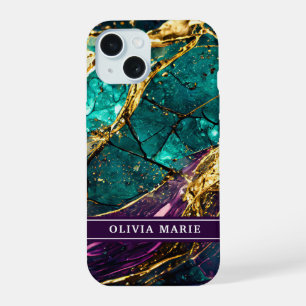 Gold Glitter Teal and Purple Gemstone Custom Name iPhone 15 Case