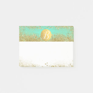 Gold Glitter & Teal Aqua Glam Custom Monogram Post-it Notes
