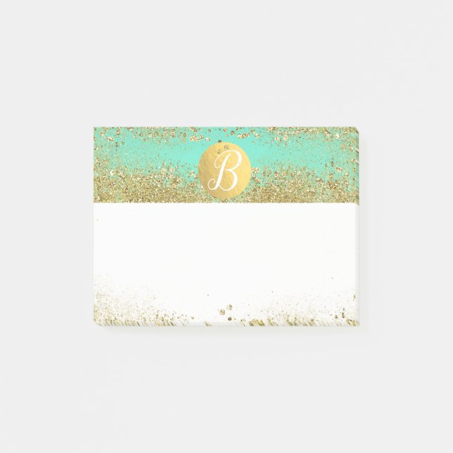 Gold Glitter & Teal Aqua Glam Custom Monogram Post-it Notes (Front)