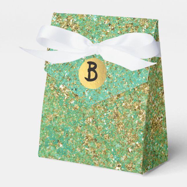 Gold Glitter & Teal Aqua Glam Monogram Party Favor Box (Front Side)