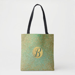 Gold Glitter Teal Aqua Green Glam Trendy Chic Tote Bag