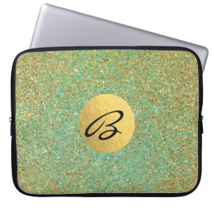 Gold Glitter Teal Aqua Green Glam Trendy Laptop Sleeve