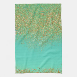 Gold Glitter & Teal Aqua Modern Girly Trendy Glam Kitchen Towel