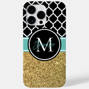 Gold Glitter Teal Black White Trellis Monogram Case-Mate iPhone 14 Pro Max Case