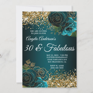 Gold Glitter Teal Blue Floral Glam 30 & Fabulous Invitation