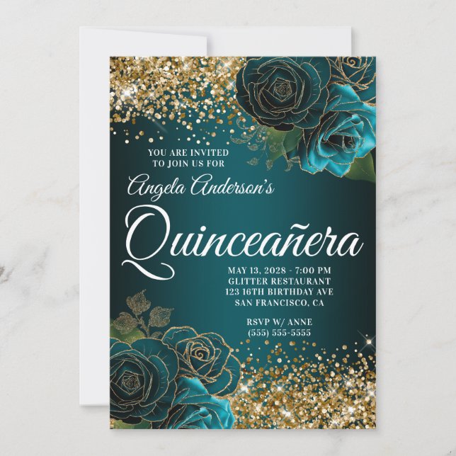 Gold Glitter Teal Blue Floral Glam Quinceañera Invitation (Front)