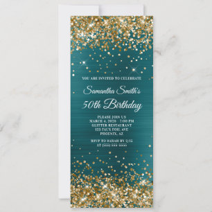 Gold Glitter Teal Blue Foil 50th Birthday Invitation